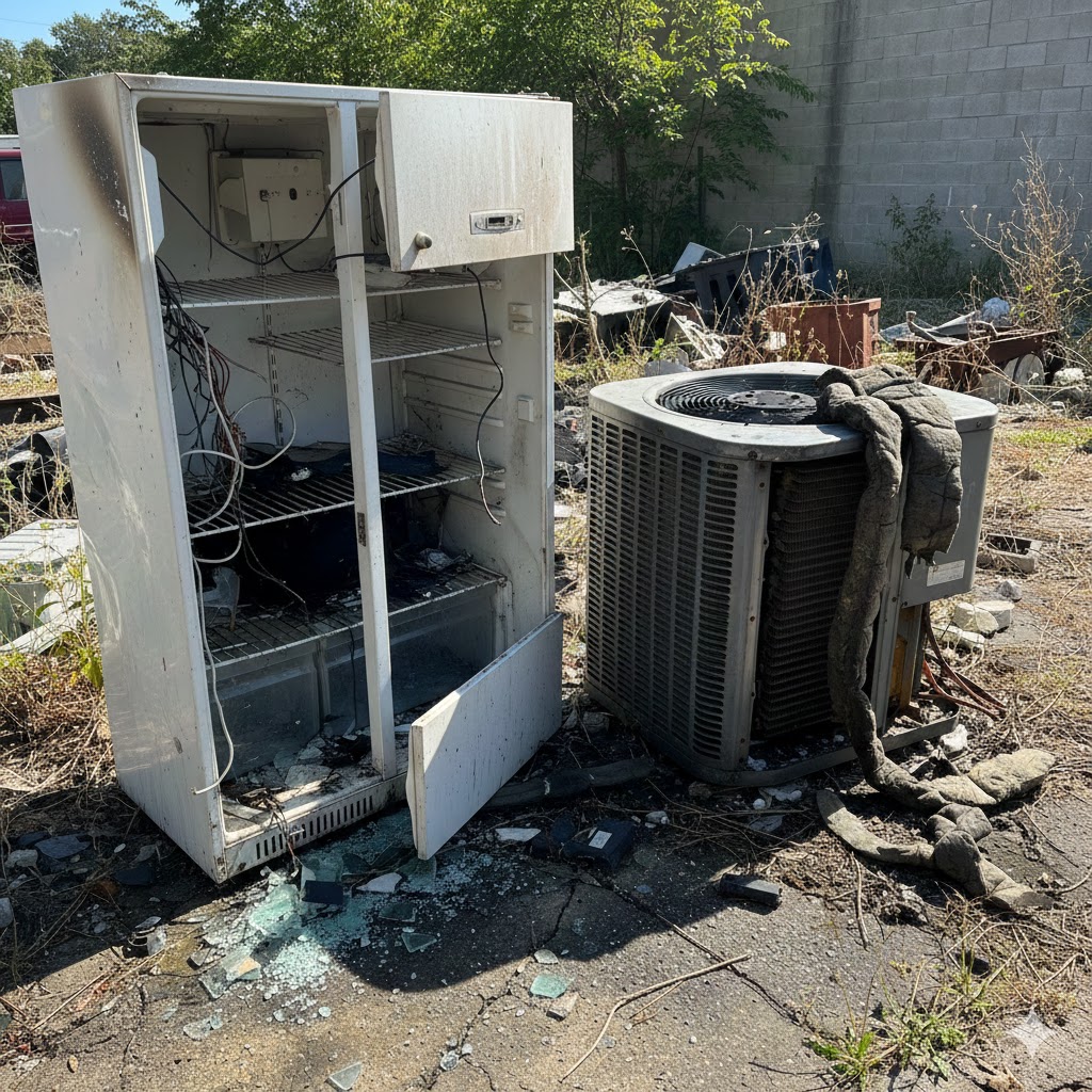 Interior of a damaged fridge with frost and water issues